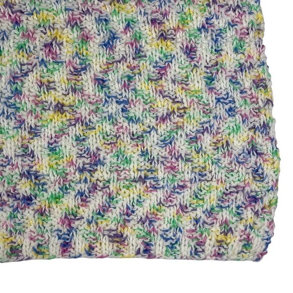 Handmade Knit Baby Blanket Crib Afghan Pink Green Yellow Blue White 36"x35" - Picture 1 of 3
